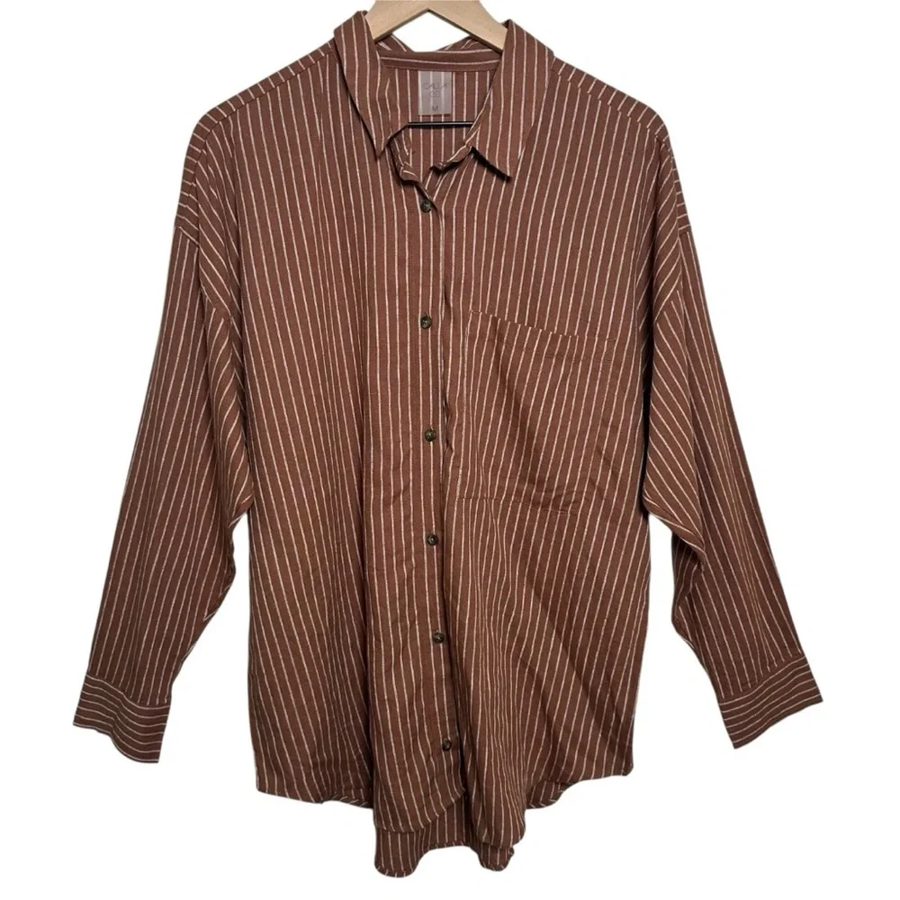 CALIA Womens Medium Brown Button Down Shirt Long Sleeve Linen Rayon Tunic Beach - Picture 3 of 14